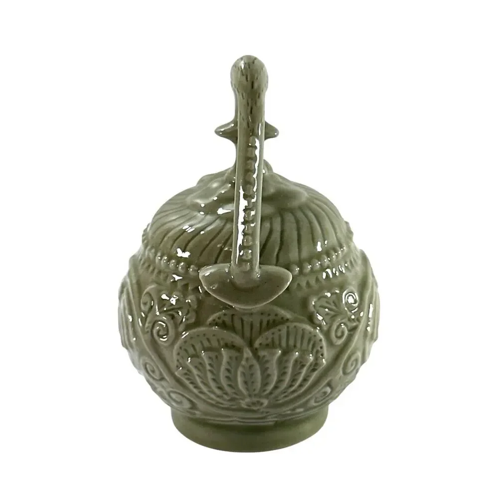 Vintage Chinese Celadon Bottom Filling Teapot Foo Dog Lotus Puzzle Pot 4”